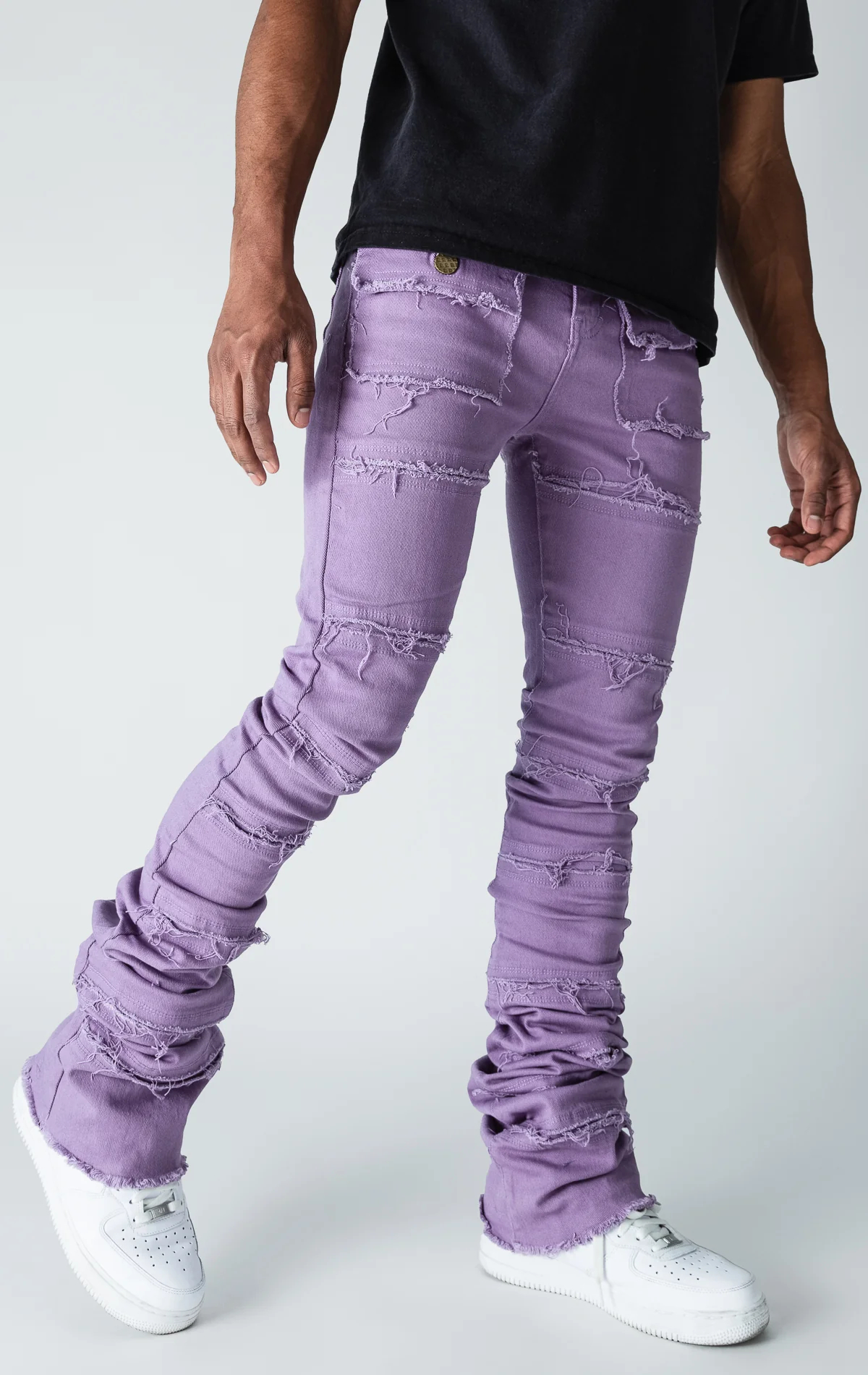 purple stacked jeans